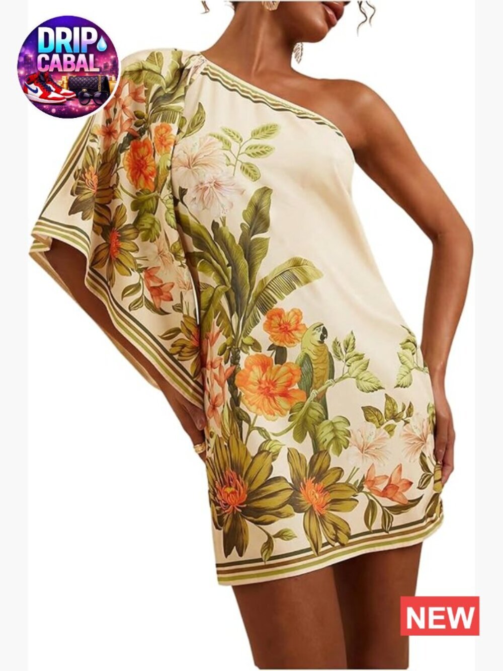 One Shoulder Boho Mini Dress Floral Summer Beach Vacation Polyester Blend